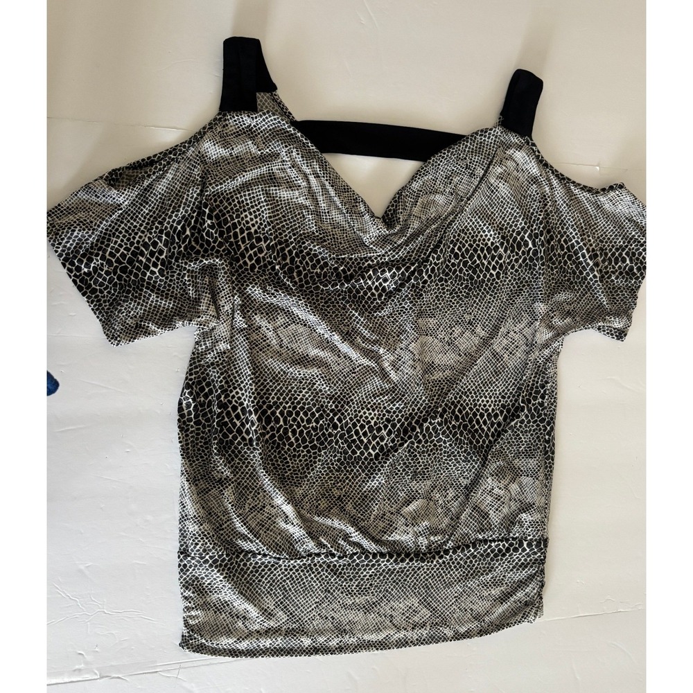 Woman Blouse Snakeskin Print Cold Shoulder Top Grey Black Med‎